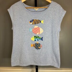 Talbots Petites Fish Embroidered Cotton Knit Top SP Blue Nautical Coastal
